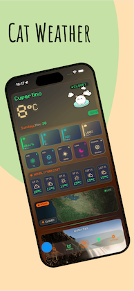 Cat Weather iOS app screenshot showing adorable pixel art cat with sunny weather animation and temperature display