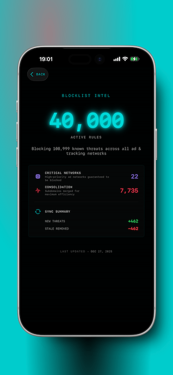 De-Ad minimal settings interface showing one-tap Safari extension activation
