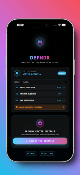 Defndr blocked spam messages log showing filtered SMS content