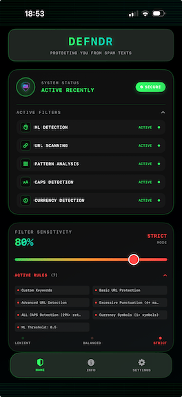 Defndr iOS spam blocker filtering interface showing real-time SMS blocking