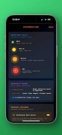 iQuake home screen widgets showing near-instant earthquake updates refreshing every 5 minutes