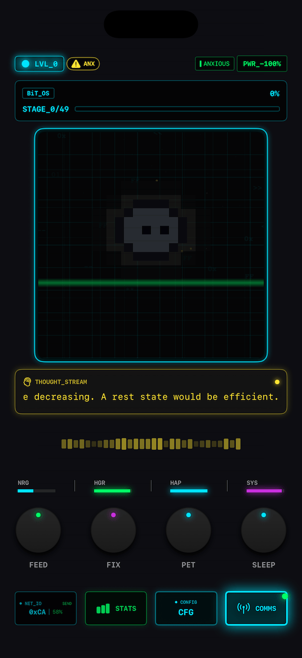 Nu11KIT iOS game showing blob cat evolution stages from void to omega form with cyberpunk pixel art