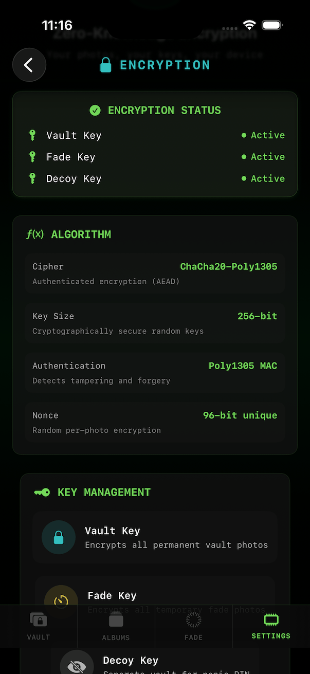 Nu11VLT encrypted photo vault showing ChaCha20 encryption and FaceID protection on iOS